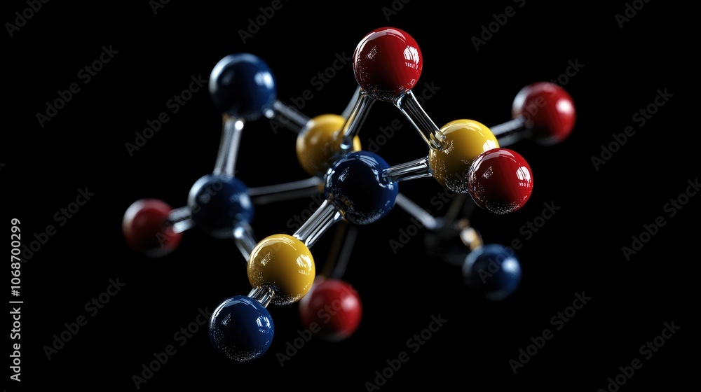Poster abstract 3d molecular model with atoms connected by bonds, illustrating the cutting-edge science beh