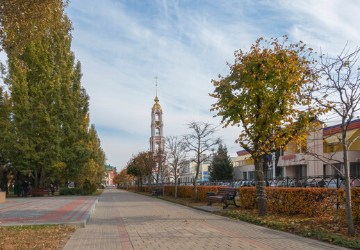 View of the bell tower of the Kazan Monastery from Industrialnaya Street in Tambov in autumn