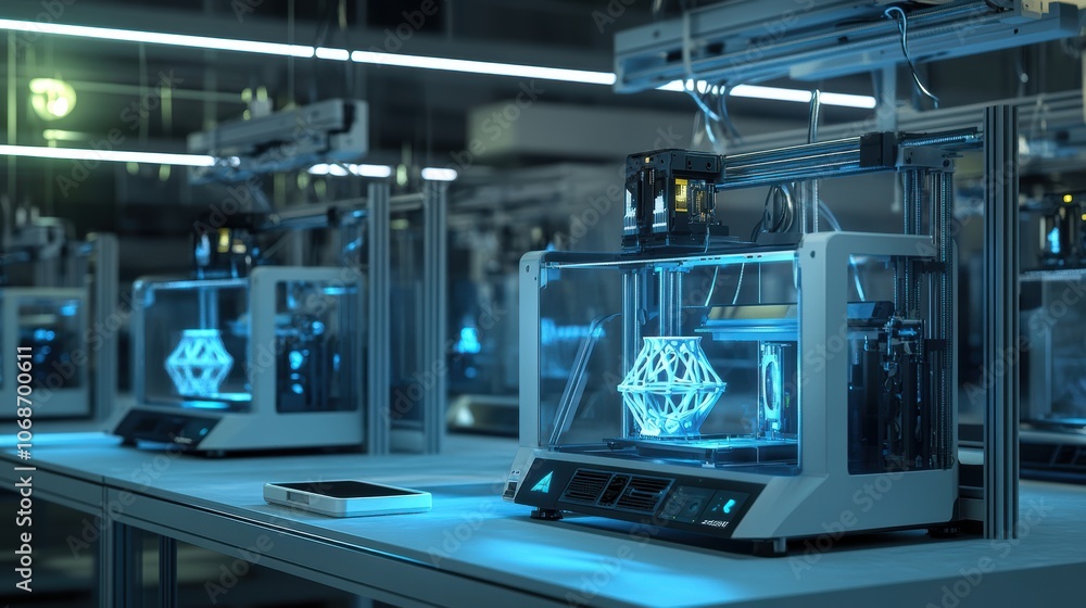 Poster High-Tech Lab with Multiple 3D Printers in Action