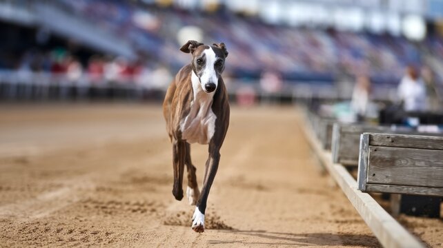 A greyhound dog with a white muzzle running along a dirt track. The dog's muscles are tense. The treadmill is surrounded by a wooden fence and a grandstand with spectators is visible.