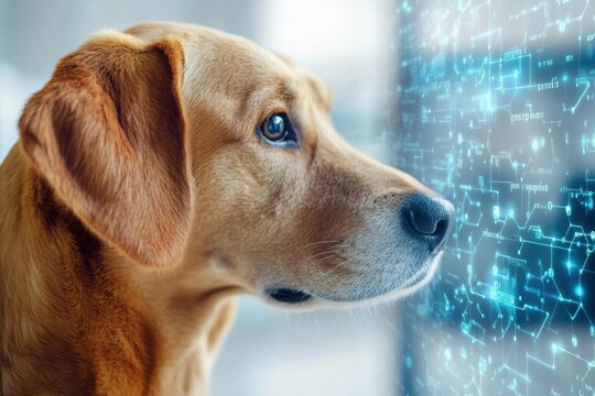 A thoughtful dog observes digital data on a futuristic screen in a modern setting