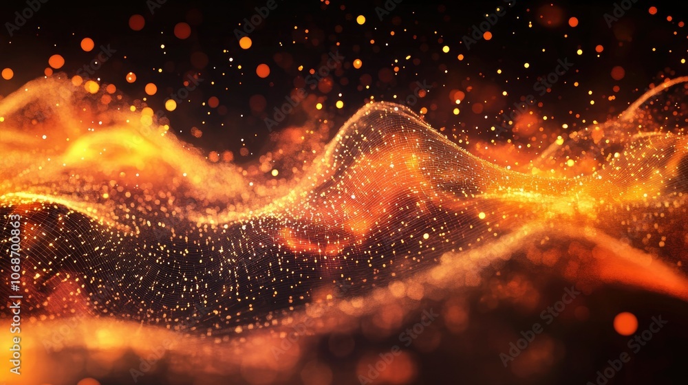 Poster abstract molecular structure with connected atoms and energy waves, symbolizing advances in science,