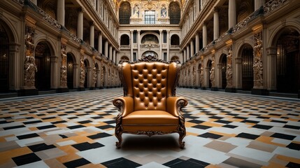 Luxurious leather armchair with ornate design in grandiose hall with classical architecture and decorative columns