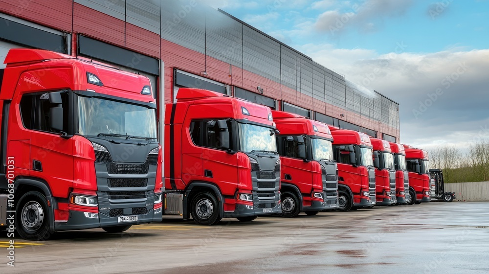 Poster an image showing a modern fleet of delivery trucks lined up outside a distribution warehouse, demons