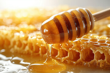 Honey dipper dripping golden honey, wooden background.