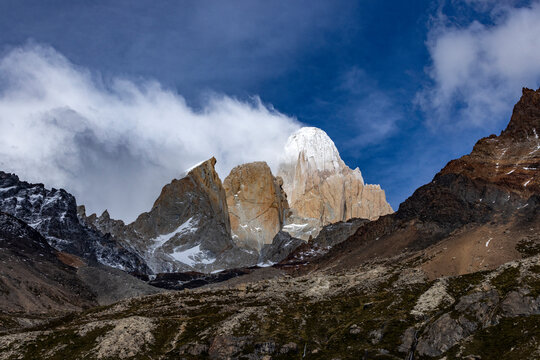 Argentina, Santa Cruz, El Chalten, North side of Fitz Roy massif in clouds