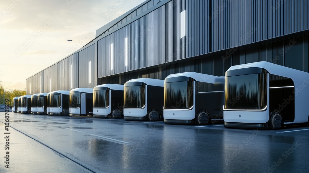 Poster an image showing a modern fleet of delivery trucks lined up outside a distribution warehouse, demons