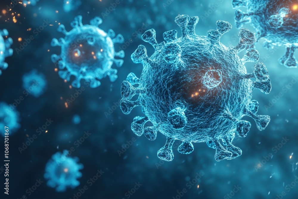 Poster microscopic 3d rendering of a virus on a blue background highlighting its structure