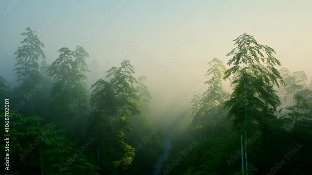 Poster static wide establishing video of a misty bamboo forest at dawn with soft twilight and light fog.