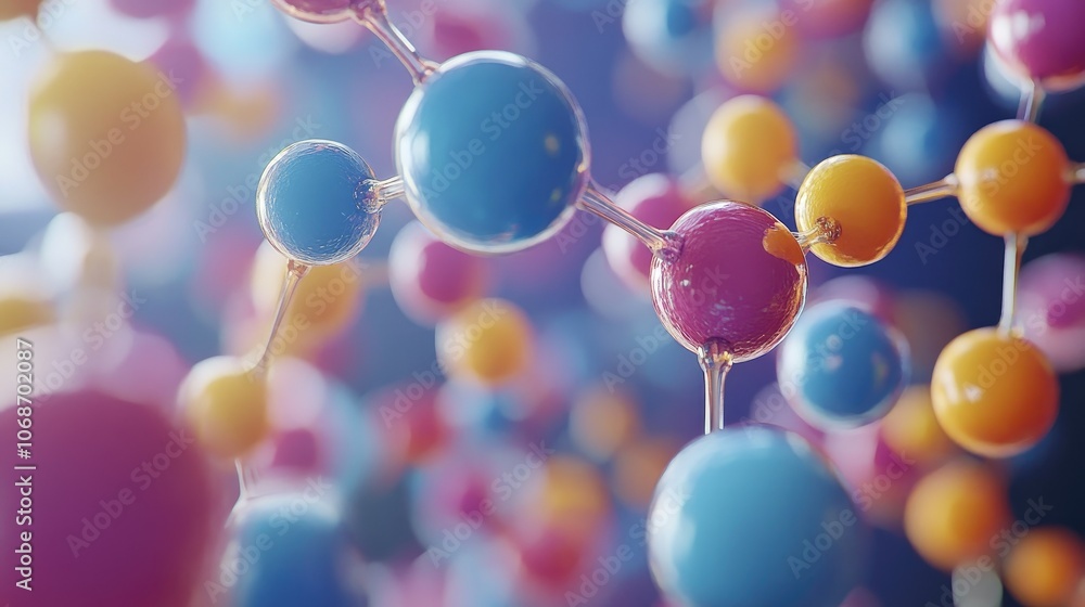 Poster colorful 3d rendering of molecular bonds and atom models, illustrating the intricate structure of mo