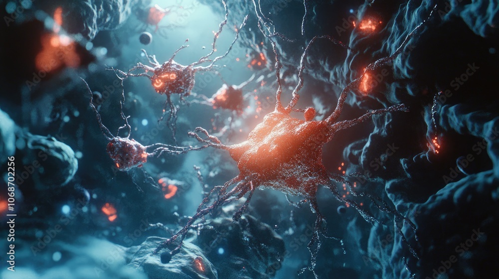 Poster creative 3d visualization of stem cells interacting with tissue structures, demonstrating the potent