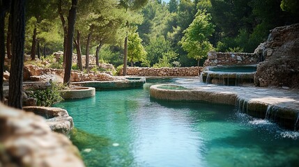 Naklejka premium Tranquil forest pool with cascading water and stone edges.