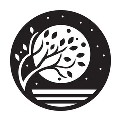 Tree With Moon Silhouette Vector Illustration