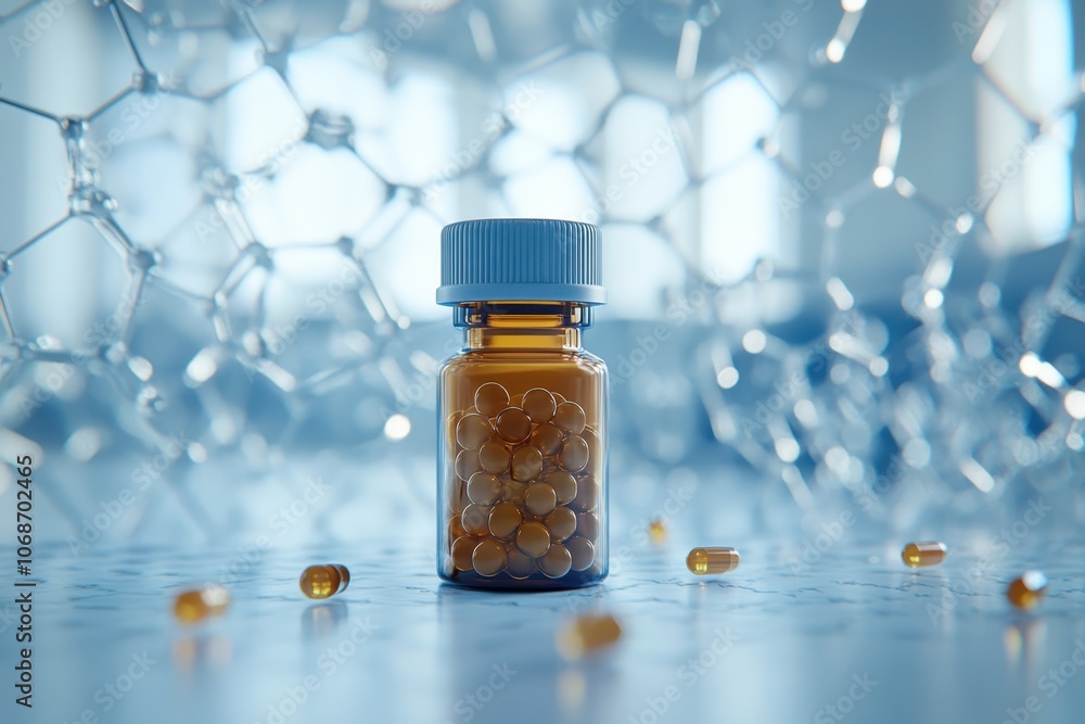 Poster glass bottle filled with capsules placed on a laboratory table with molecular structure backdrop