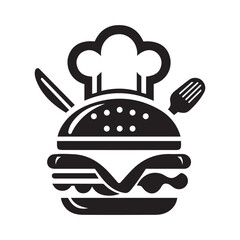 Burger With Chef Hat Logo Icon Silhouette Vector Illustration