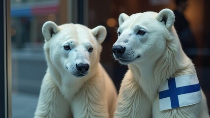 Two polar bears with finnish flags in urban setting, celebrating finland independence day, december 6, holiday concept