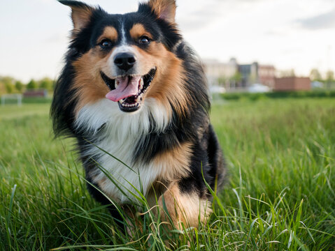 USA, Virginia, Blacksburg, Black Tri Australian Shepherd sitting in grassy field