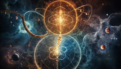 Obraz premium This visually striking artwork showcases a cosmic vortex surrounded by swirling galaxies and bright energy patterns against a rich, dark space background, evoking a sense of wonder.
