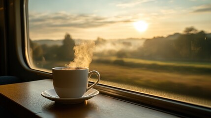 Steaming cup of coffee with sunrise view from train window.