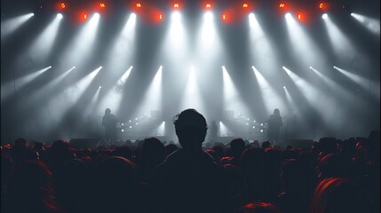 Silhouette of concert crowd with bright stage lights. a music festival.