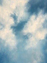 Fototapeta premium Blue sky with soft white clouds painted on canvas.