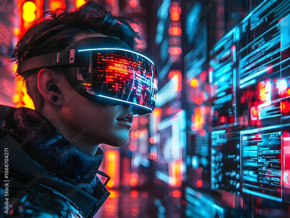 Poster hacker in augmented reality glasses interacting with floating screens in city