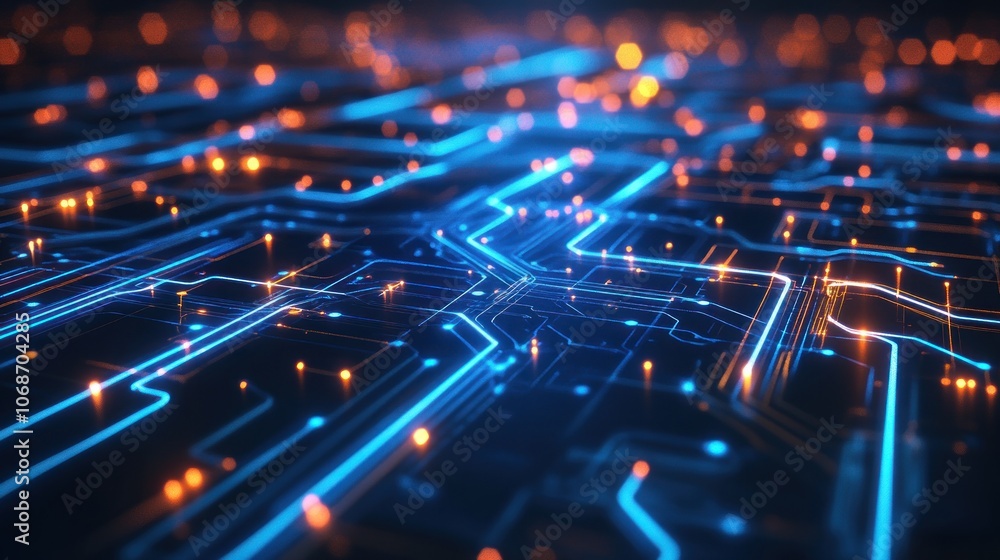Poster abstract digital circuit board with glowing lines and dots.