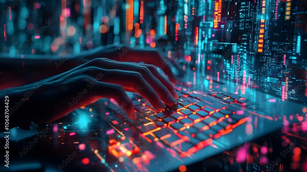 Poster hacker s hands rapidly typing on keyboard neon data streams into virtual cityscape symbolizing digit