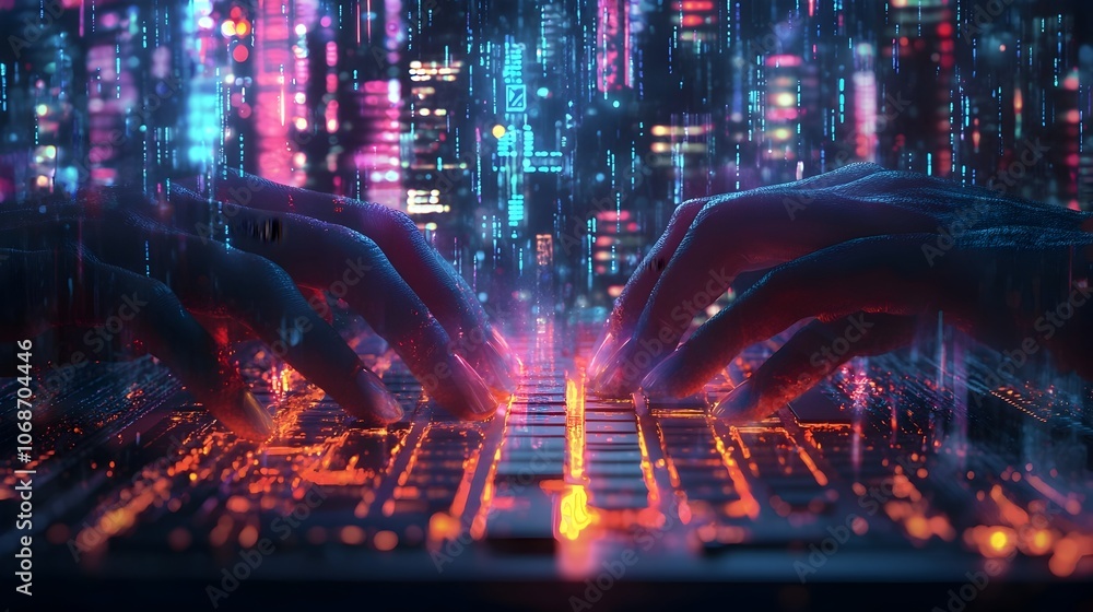 Poster hacker s hands typing rapidly on keyboard with neon data flowing into futuristic virtual cityscape