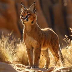 Fototapeta premium caracal, Brown cat is standing in the desert. It has a long tail and is looking at the camera