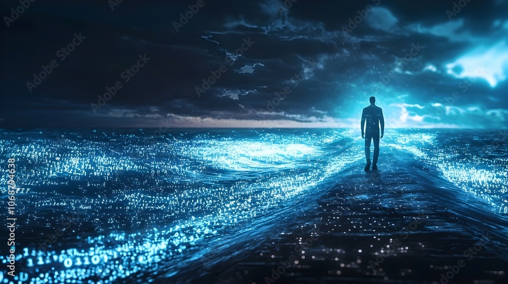 Poster lone hacker decoding the digital ocean amid crashing waves of binary code