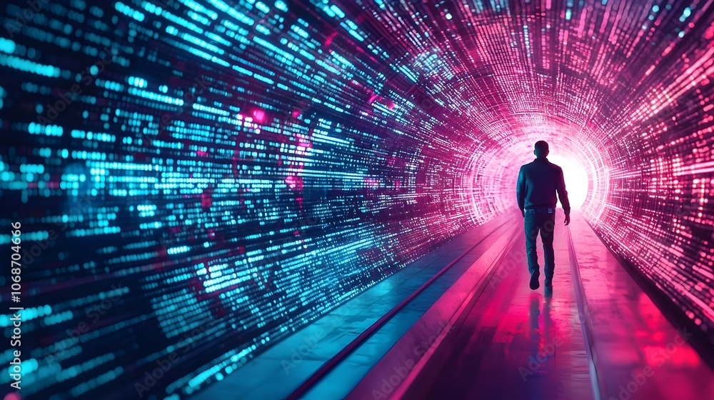 Aufkleber futuristic hacker navigating neon lit data tunnel to breach firewall