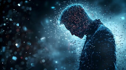 Hacker s Disintegrating Figure Merging with Glowing Digital Data Stream