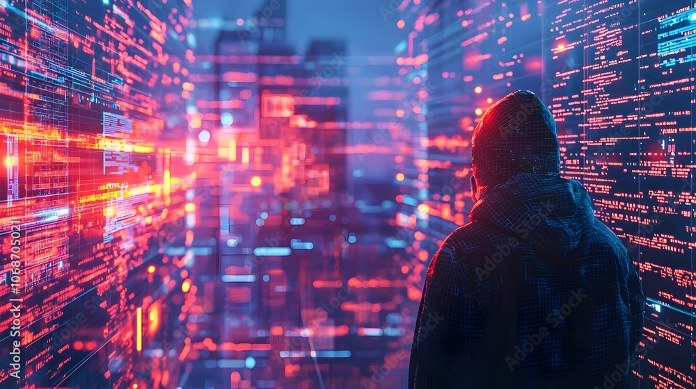 Poster hacker breaching virtual fortress to access core database in futuristic cybersecurity concept