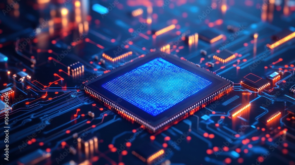 Poster a close-up shot of a central processing unit (cpu) chip on a circuit board. the chip is glowing blue