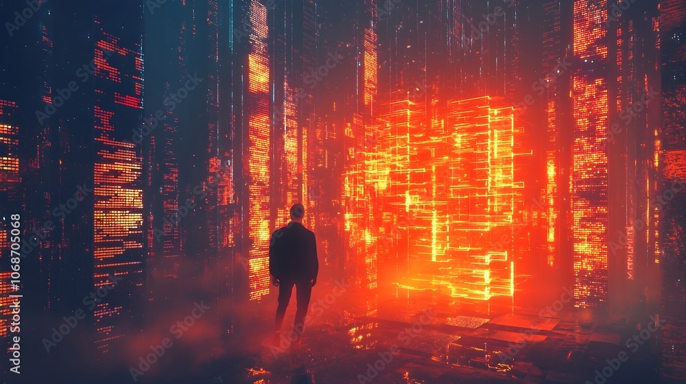 Poster hacker breaching glowing virtual fortress to access core database cybersecurity concept with copy sp