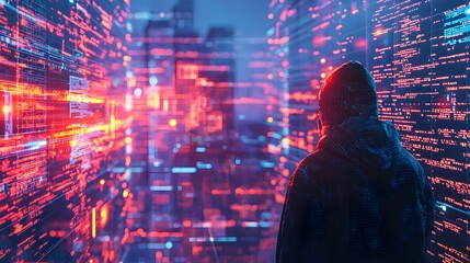 Hacker Breaching Virtual Fortress to Access Core Database in Futuristic Cybersecurity Concept