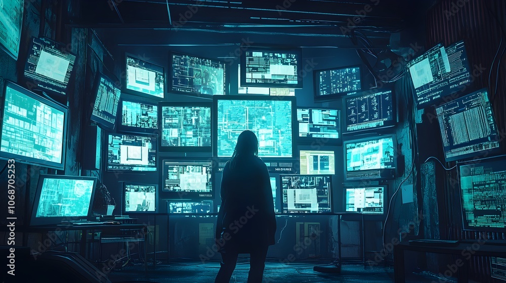 Poster hacker infiltrating corporate network from dimly lit room surrounded by glitching screens and data