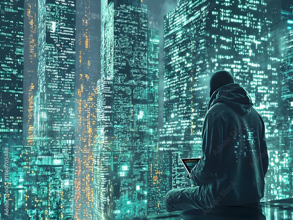 Poster hacker navigating through a futuristic virtual city of transparent code