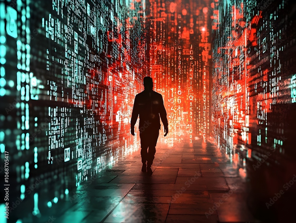 Poster hacker navigating through transparent virtual city uncovering secure network backdoors