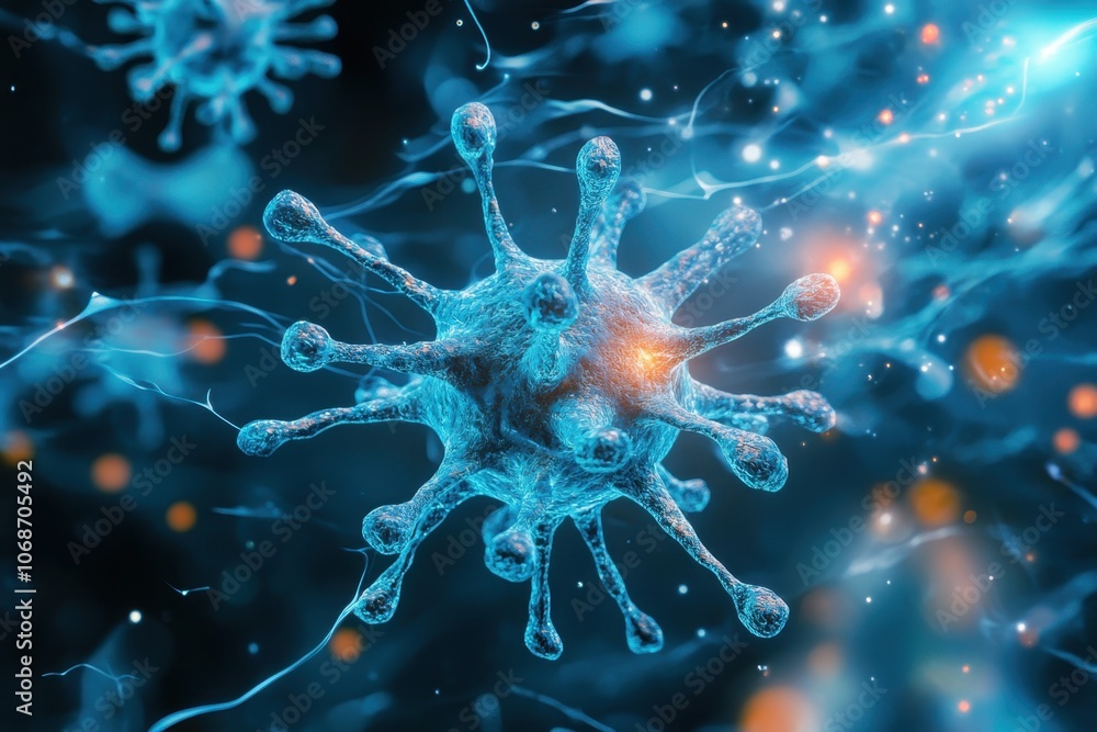 Poster blue microscopic representation of a virus with glowing particles in dark background