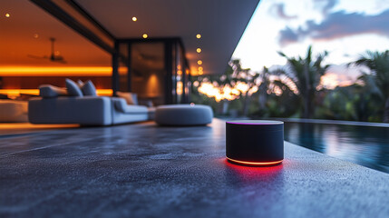 Portable Bluetooth speaker on a wet stone surface near a pool at sunset, luxury outdoor setting