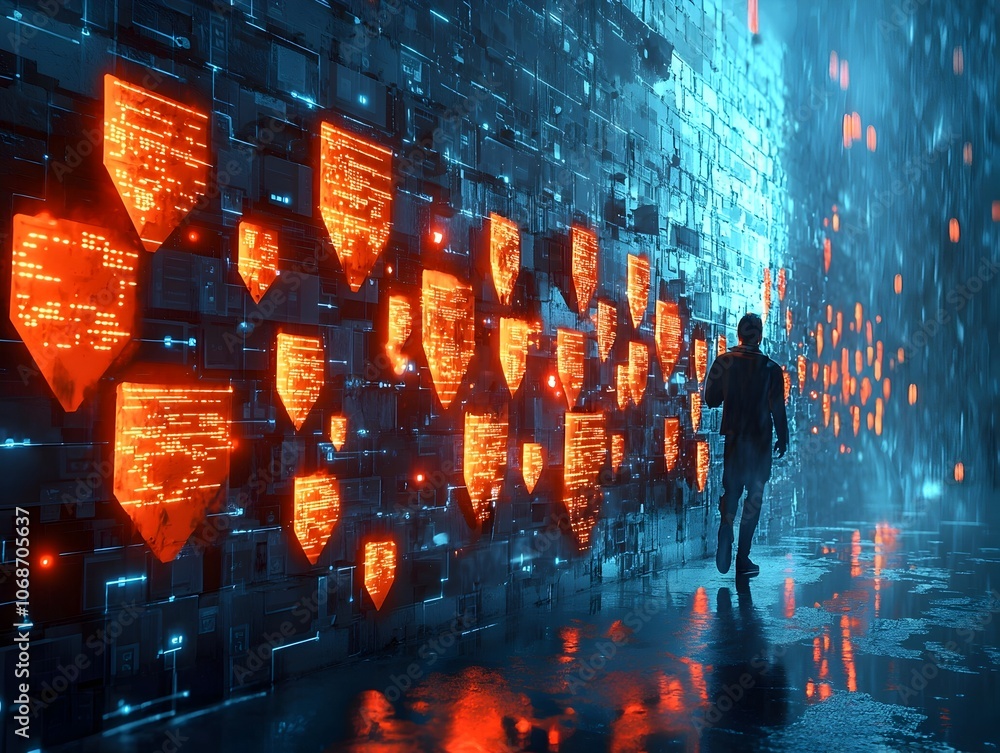 Aufkleber hacker breaching cybersecurity defenses through glowing virtual wall with scattering data fragments