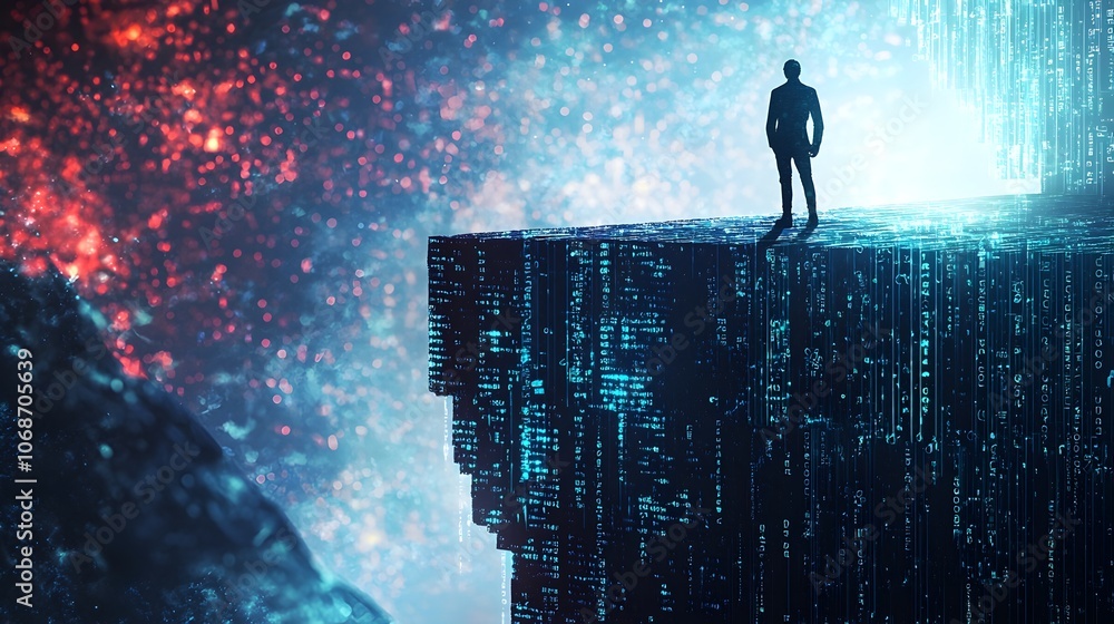 Poster hacker contemplating next move on digital cliff overlooking glitching data chasm