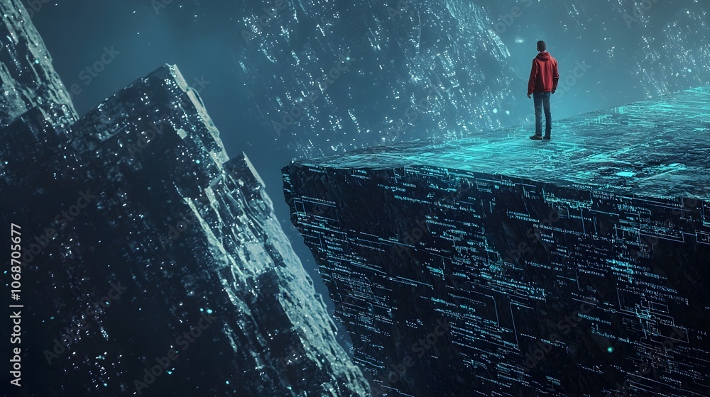 Poster hacker contemplates next move at digital cliff s edge amid glitching data