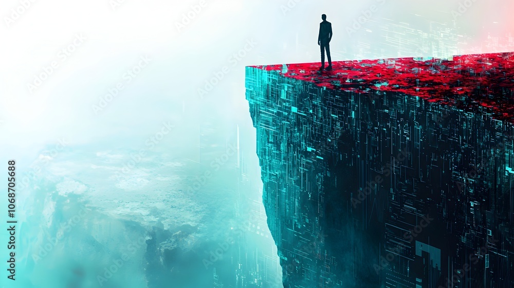 Poster hacker contemplating the digital chasm a surreal of cybersecurity and innovation