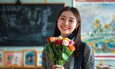 Smiling Woman Holding a Bouquet of Flowers in a Classroom