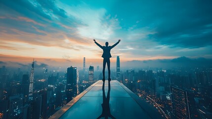 Triumphant Businessman Stands Atop Skyscraper Celebrating Cityscape Success