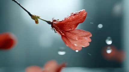 ソフトフォーカスの青い背景に水滴が付いた穏やかな赤いハイビスカスの花