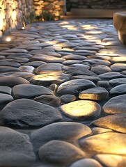Obraz premium Illuminated pebble pathway with warm accent lighting.